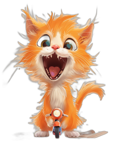 Cartoon digital art of an orange and white cat with big eyes smiling sitting on a motorcycle with its tongue out against a black background, in the style of Disney Pixar, a digital painting posted on artstation.