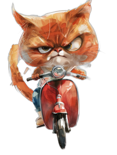 A cute red cat with an angry expression riding on the front of a scooter, in the style of a caricature style cartoon art illustration, with an isolated black background, as a full body portrait, shown from a frontal view, with a detailed character design, using vibrant colors, with digital painting and drawing techniques.