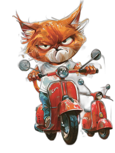 A cute, angry orange cat with sharp teeth riding on the back of an Italian red Vespa scooter in a white t-shirt and jeans in the style of [Ralph Steadman](https://goo.gl/search?artist%20Ralph%20Steadman) character on a black background