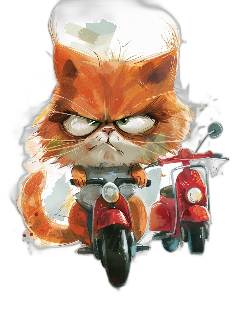 Grumpy orange cat with white hat, riding a red scooter in the cartoon style for a t-shirt design without a mockup on a black background, as a vector illustration with high contrast, sharp focus and smooth details in the digital art style of [WLOP](https://goo.gl/search?artist%20WLOP), [Artgerm](https://goo.gl/search?artist%20Artgerm), [Greg Rutkowski](https://goo.gl/search?artist%20Greg%20Rutkowski) and [Alphonse Mucha](https://goo.gl/search?artist%20Alphonse%20Mucha).