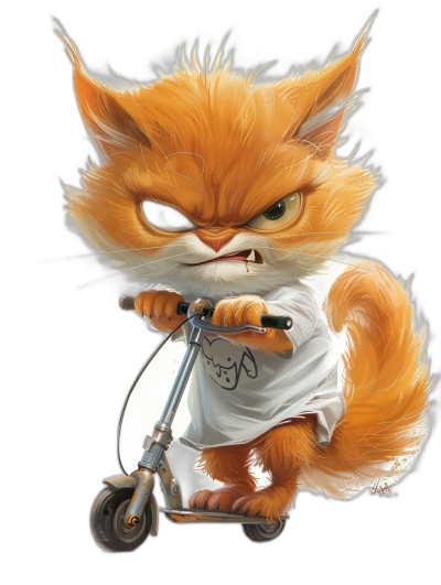 A cute orange cat with big eyes, angry and wearing a white t-shirt riding a scooter, in the style of [Tiago Hoisel](https://goo.gl/search?artist%20Tiago%20Hoisel), caricature-like, playful caricatures.