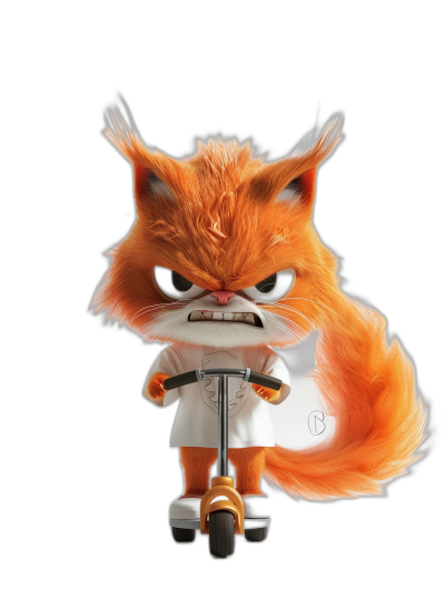 A cute orange cartoon fur character, an anthropomorphic red squirrel with an angry expression riding on a scooter wearing white  against a black background, rendered in 3D with high definition details and high resolution, in the style of Disney and Pixar animation.