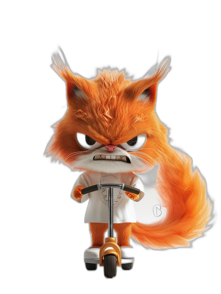 A cute orange cartoon fur character, an anthropomorphic red squirrel with an angry expression riding on a scooter wearing white  against a black background, rendered in 3D with high definition details and high resolution, in the style of Disney and Pixar animation.