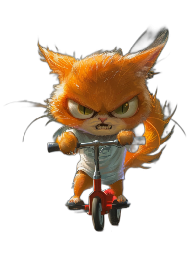 A cute orange cat with an angry expression, wearing white short sleeves and riding on a scooter in the style of Pixar. Black background, full body portrait, high-definition details, cartoonish style, bright colors, cute expressions, exaggerated movements, red children's tricycle, high contrast, strong lighting effects, lively atmosphere.