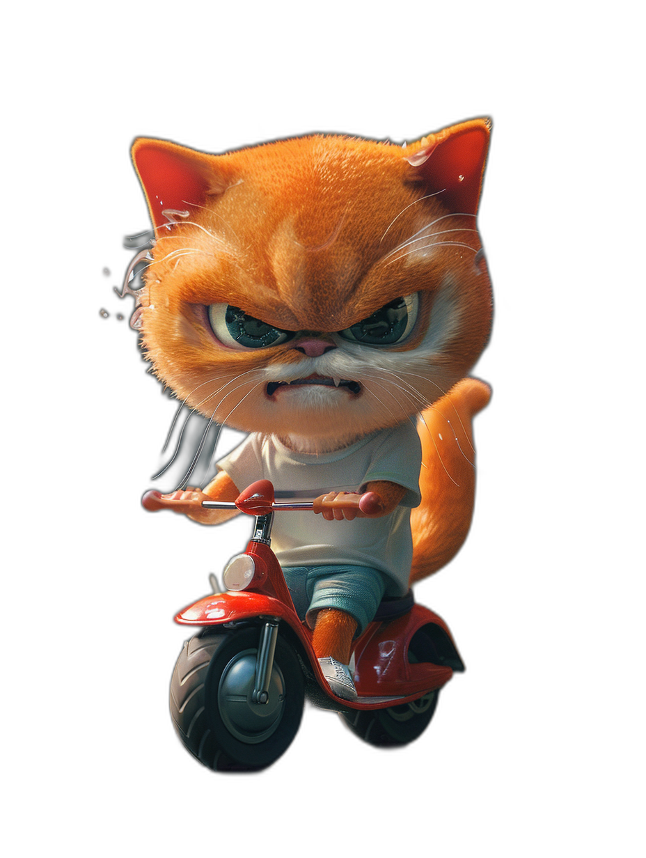 grumpy orange cat character in the style of [Tiago Hoisel](https://goo.gl/search?artist%20Tiago%20Hoisel), caricature-like, playful expression, whimsical mood on scooter bike; full body in the style of disney pixar animated series with black background