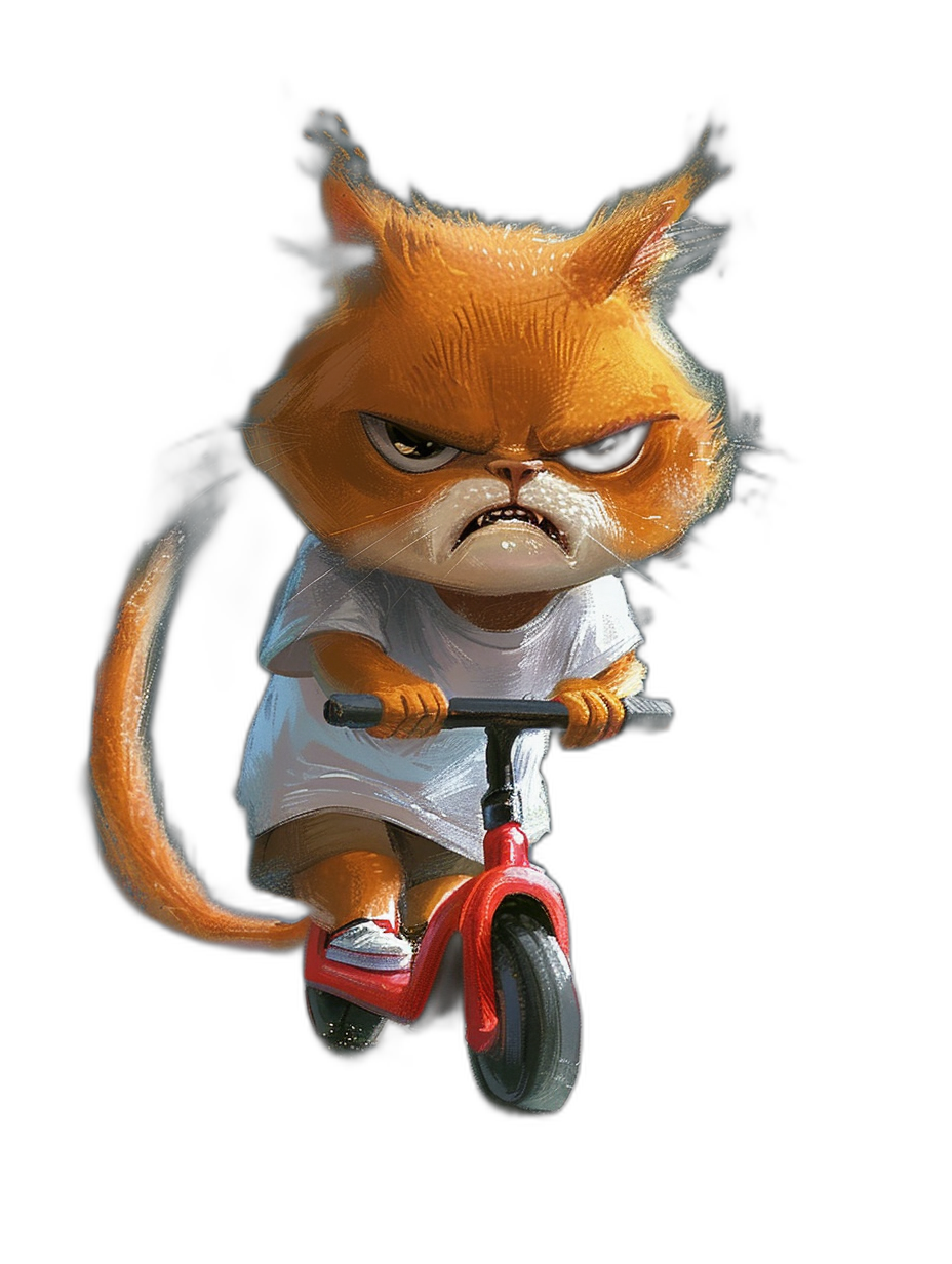 A cute red cat with an angry face wearing a white t-shirt and shorts riding a scooter against a pure black background, in the style of Pixar.