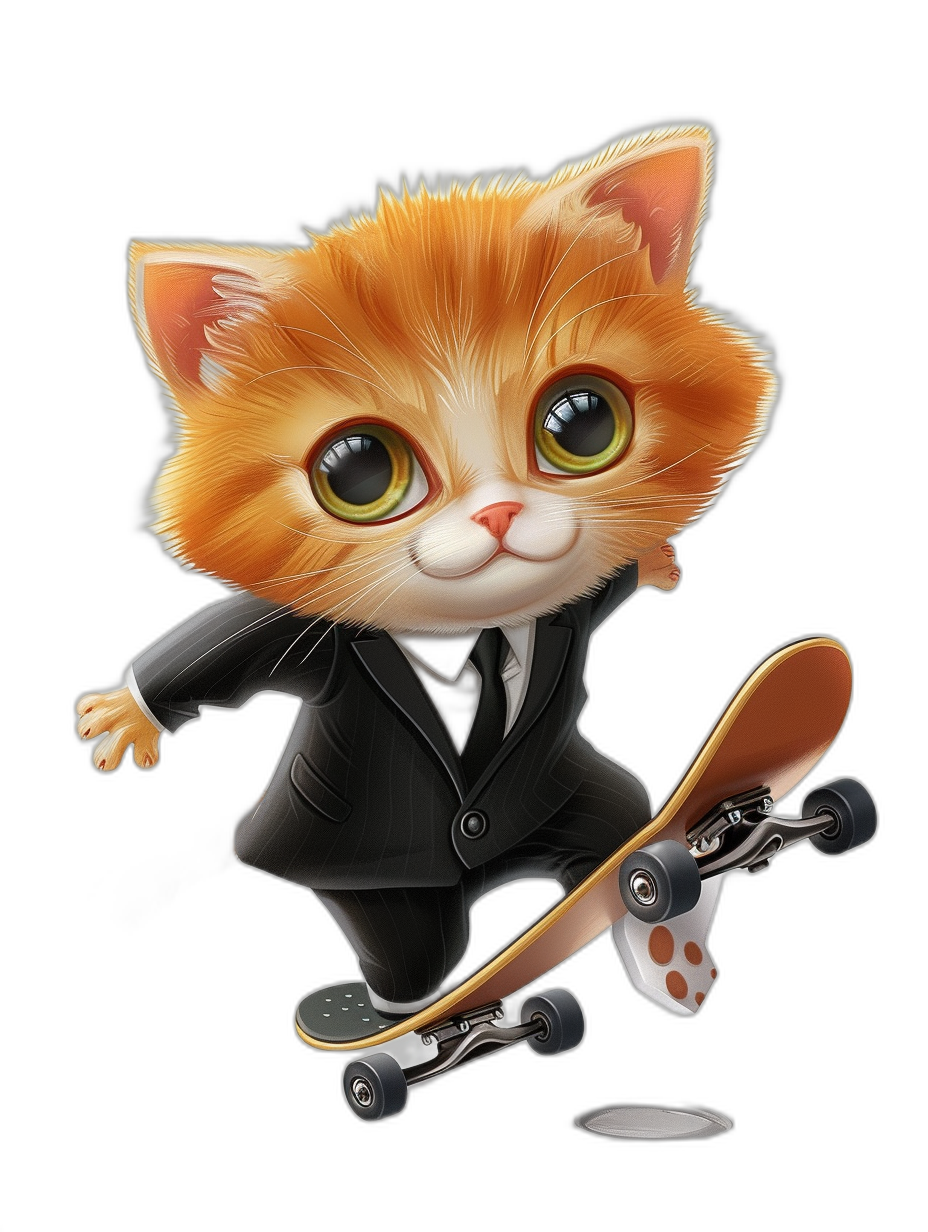 Cute cartoon cat in a suit, riding on a skateboard, black background, 2D illustration style, high resolution. The cat is riding the skateboard in the style of a cartoon.