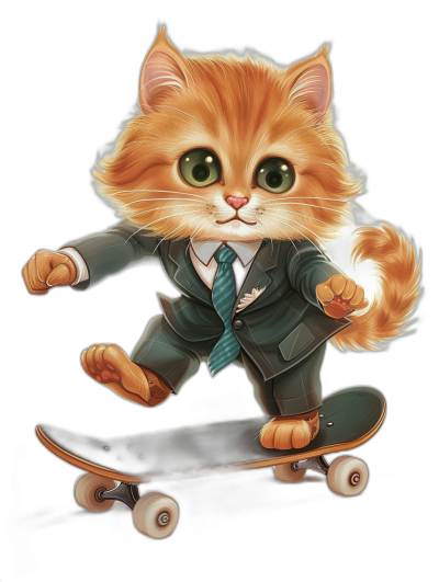 a cute ginger cat in suit and tie riding on skateboard, vector art style with black background, detailed, digital painting, concept art, artstation