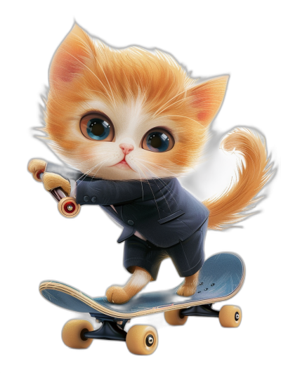 Cute cartoon cat, riding on skateboard in suit, big eyes, chubby body, black background, high definition, cute and adorable, furry art, character design