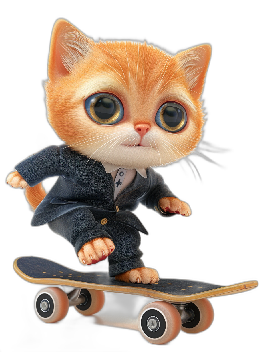 Cute cat in suit riding on skateboard, big eyes and round face, black background, cartoon style, 3D rendering, high resolution, high quality, professional photography lighting, sharp focus, studio photo, intricate details, highly detailed, digital art, high contrast, high dynamic range, high saturation, hyper realistic