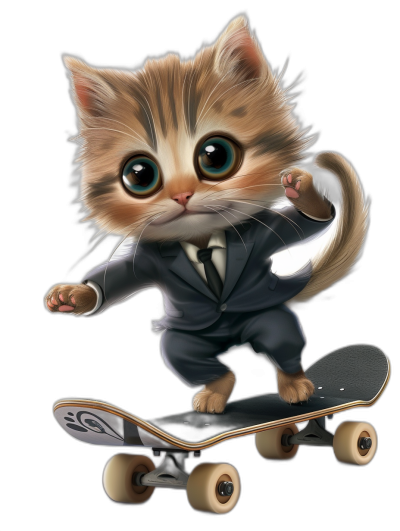 digital art of cute kitten , wear suit, riding on skateboard , black background, big eyes, lovely and funny character design, full body shot