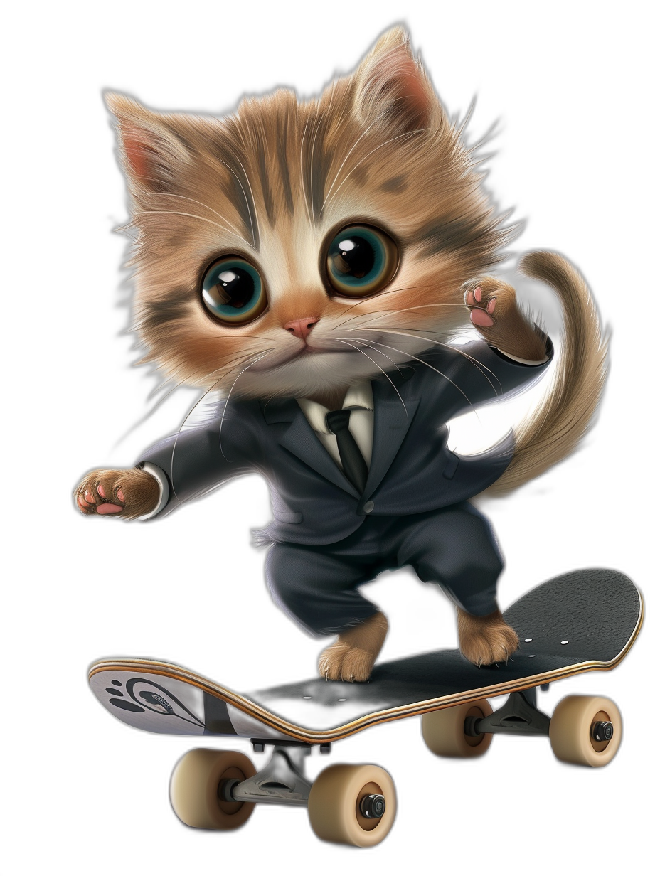 digital art of cute kitten , wear suit, riding on skateboard , black background, big eyes, lovely and funny character design, full body shot