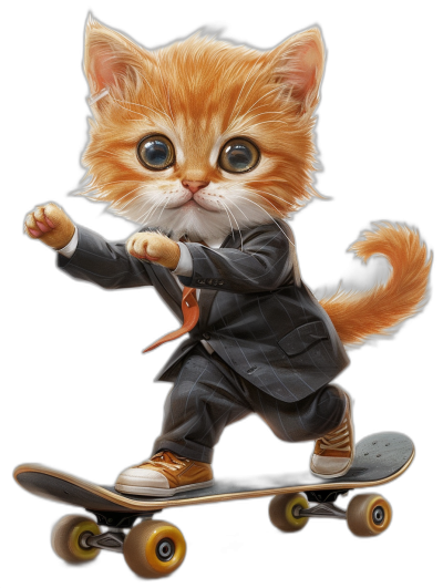 digital art of a cute and fat orange kitten, wearing a suit with shoes, riding on a skateboard, against a black background, with a chill smile and big eyes showing its full body. In the style of big eyes full body.