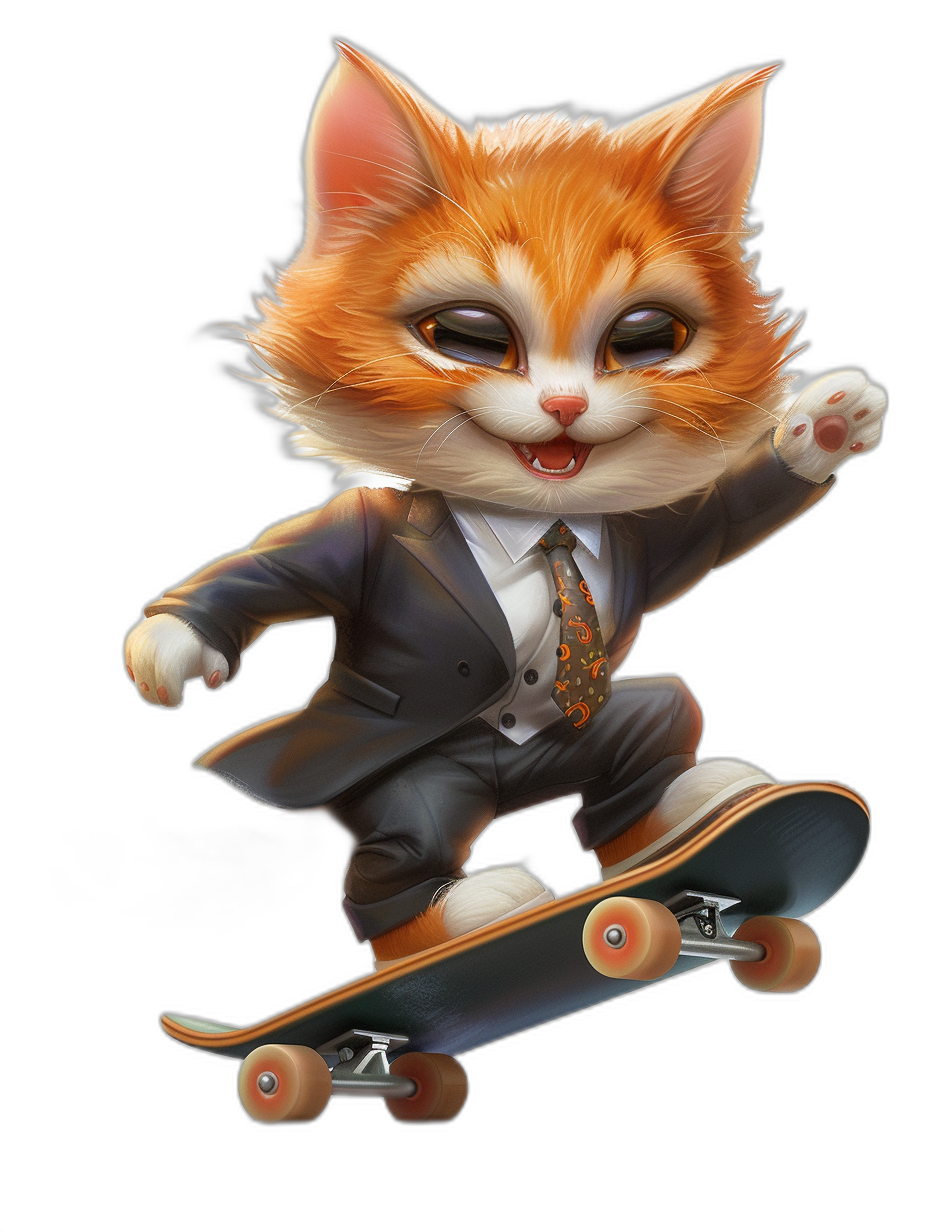 Cute cat in suit and tie riding skateboard, digital art, black background, hyper realistic style in the style of a cartoon, cute, detailed rendering, smooth lighting