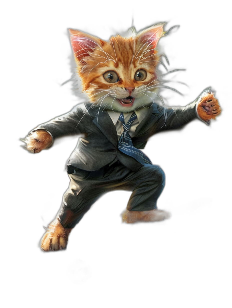 A cute ginger cat dressed in a business suit, smiling and dancing on a black background in the style of Paul booton. The art is in a cartoon style and is digital art, with high definition quality reminiscent of [Studio Ghibli](https://goo.gl/search?artist%20Studio%20Ghibli) and Pixar.