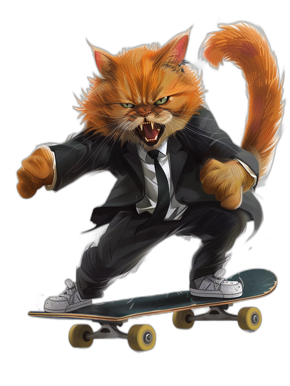 a realistic digital illustration of an angry ginger cat in suit and white sneakers, riding on skateboard , black background, t-shirt design graphic, ultra detailed, isolated on dark backdrop