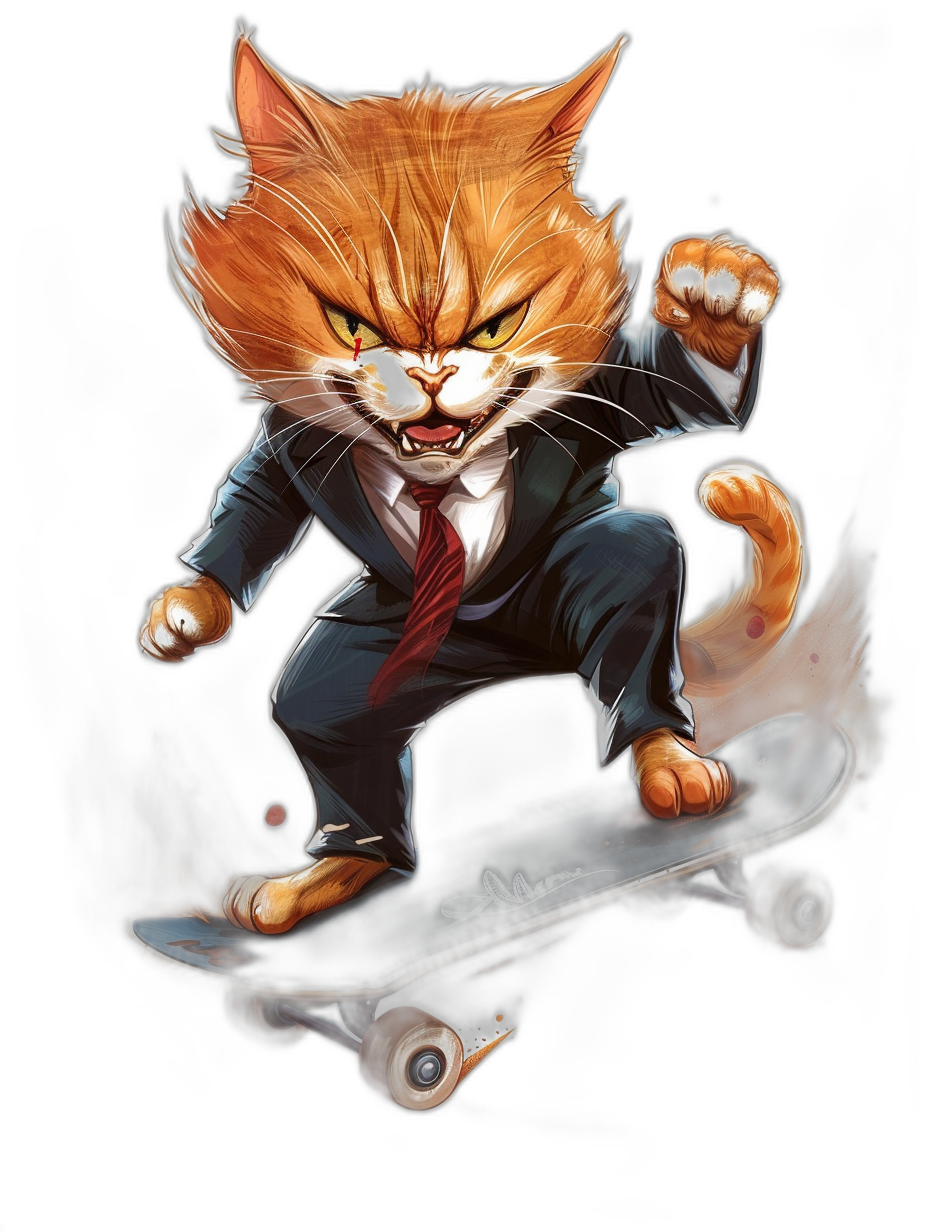 t-shirt design, full body portrait of an angry ginger cat in business suit and red tie riding on top of skateboard, with black background, detailed illustration by J Scott Campbell