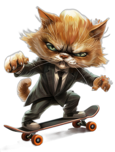 grumpy ginger cat in suit, riding on a skateboard, in the cartoon style, vector art, on a black background, in the style of hyper realistic, high resolution, high detail, high quality, high definition, in the style of hyper detailed, in the style of hyper photorealistic, digital illustration, digital airbrushing