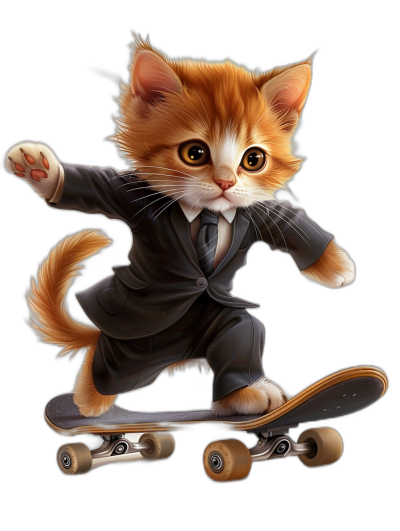 digital art of cute kitten , wear suit, skating on skateboard black background