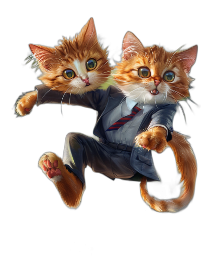 Two cute cats in suits, jumping and flying together on a black background, digital art in the style of [Loish](https://goo.gl/search?artist%20Loish), cute cartoon cat characters wearing business attire, two adorable kittens dressed up for the office party, two furry feline friends ready to go out dancing at a night club, a digital painting of an anthropomorphic orange tabby kitty with blue eyes in the style, two happy cats in elegant outfits, an adorable fluffy kitten couple isolated on a solid color background, a full body portrait.