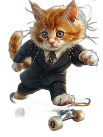 digital art of cute kitten , wear business suit and tie, skating on skateboard black background