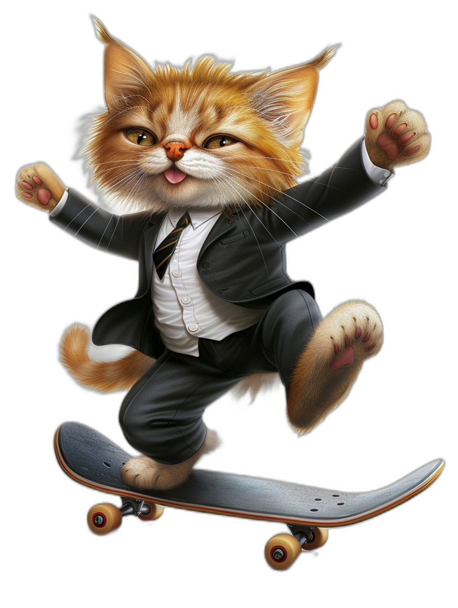 a realistic happy cat in suit doing skateboard, black background, t-shirt design