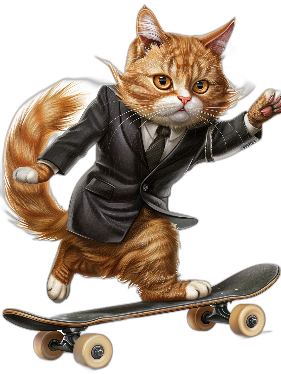 digital art of a cool cat in a suit, riding on a skateboard with a black background, in a funny and cute style.