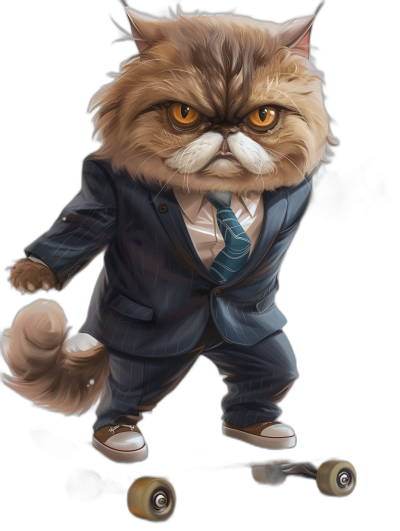 realistic digital illustration of an angry persian cat in suit and tie, riding on skateboard, plain black background, full body portrait