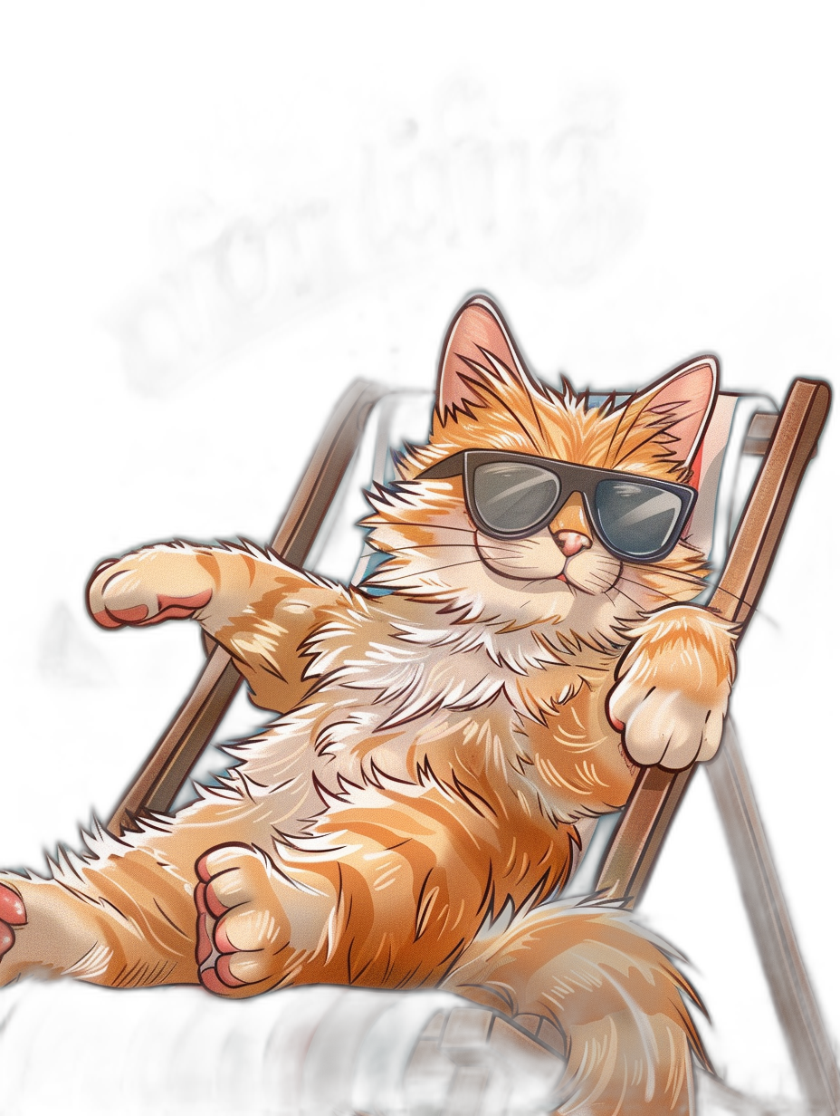 digital art of a cute and fat orange cat, wearing sunglasses, lying on a beach chair against a black background, with chill vibes, in the style of lofi.