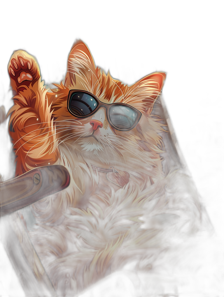 digital art of cool and fat orange cat , wearing sunglasses, sitting on the chair with black background, holding cigar in one hand while raising his head to smile at you