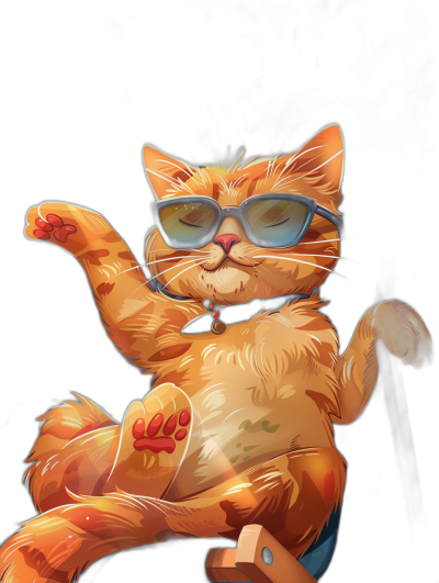 digital art of a cool and fat orange cat, playful character designs in the style of wearing sunglasses sitting on top of a work chair with a black background, chilling happily and funnily