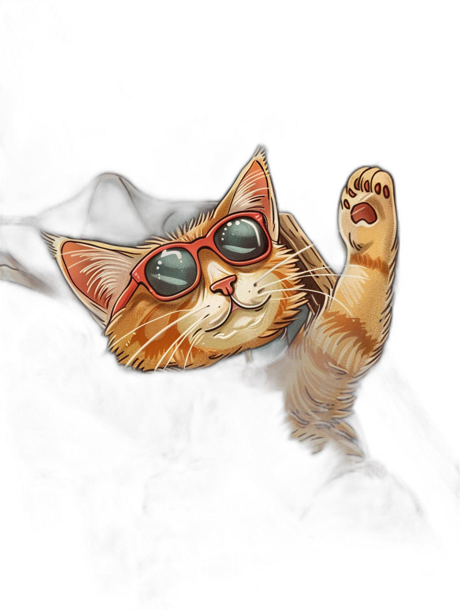 digital art of a cute and fat orange cat wearing red sunglasses, one paw up in the air, on a black background, in the style of a tshirt design.