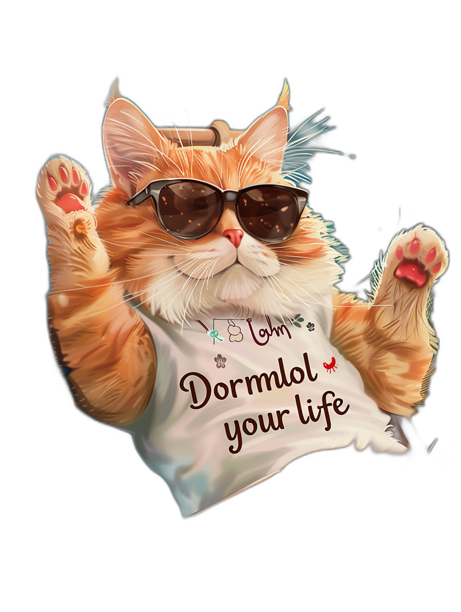 t-shirt design with text “Dorm墨lol your life”, cute orange cat wearing sunglasses, waving paw pose, funny tshirt vector design on black background, detailed digital illustration by [Artgerm](https://goo.gl/search?artist%20Artgerm) and [Greg Rutkowski](https://goo.gl/search?artist%20Greg%20Rutkowski) and [Alphonse Mucha](https://goo.gl/search?artist%20Alphonse%20Mucha)