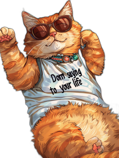 A ginger cat wearing sunglasses and a t-shirt with the text "Doom saying to your life", doing an epic pose in the digital art style.