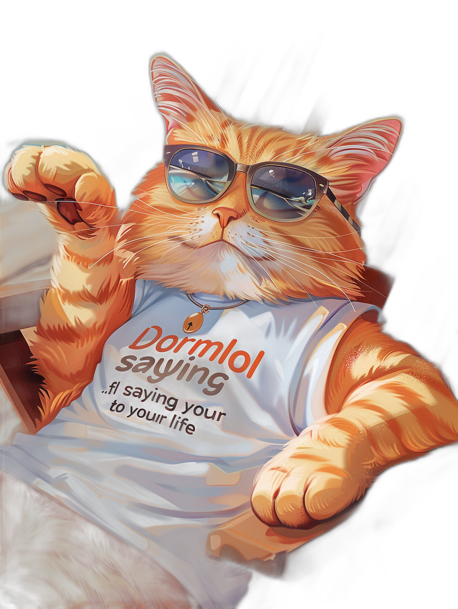 a photorealistic orange cat wearing sunglasses and white t-shirt with the text “Dermol Springfield saying ‘I’m saummering your life’ on it, giving middle finger to camera. Background is black. The shirt has sleeves rolled up at neck, the sleeve’s arm length covers most of his body, he’s sitting in an office chair, he gives us a peace sign with one hand and raises another fist high above head