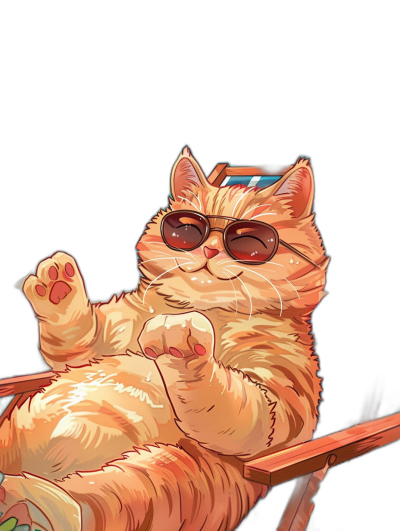 digital art of a cute and fat orange cat, wearing sunglasses, sitting on a chair with a black background, chill vibes, lofi style, in the style of Japanese anime