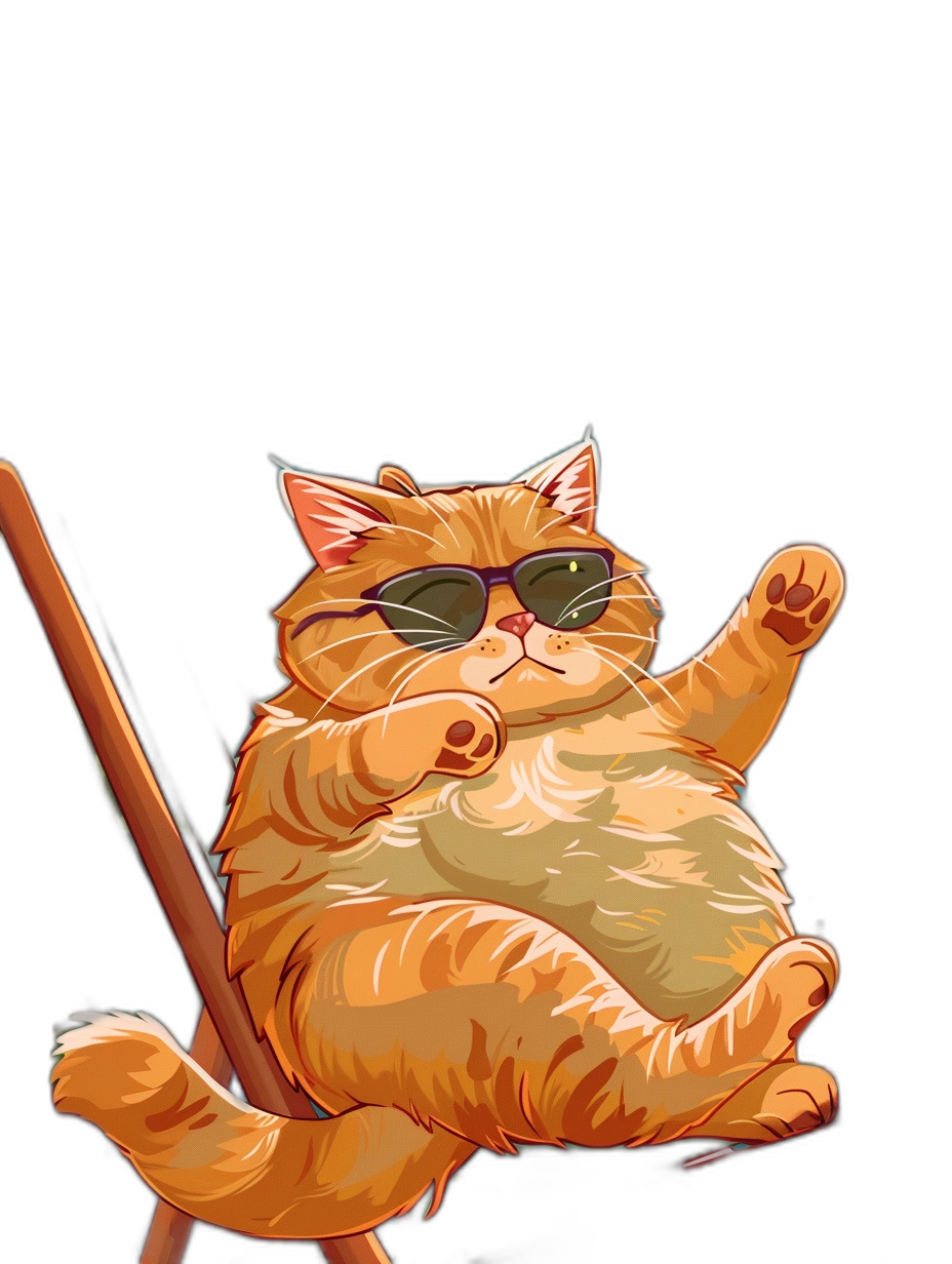 A cute happy orange fat cat is sitting on a pole, wearing sunglasses and waving his paw in front of him, in the style of a vector illustration with a black background.