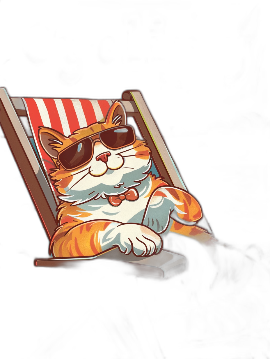 A cartoon cat sitting in an beach chair with sunglasses on, in the style of sticker, black background, vector illustration, in the style of Pixar quality