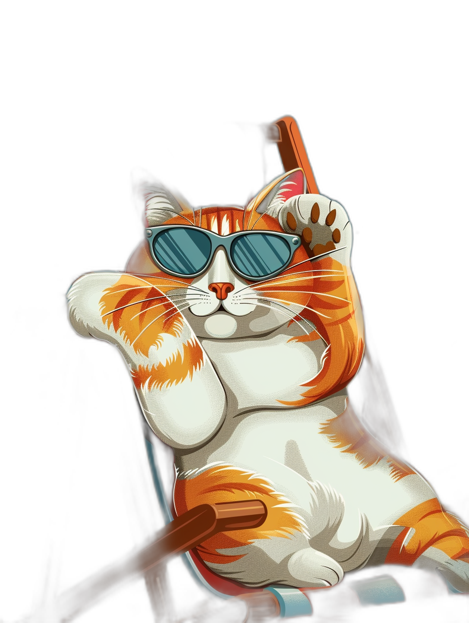 digital art of cool and fat orange cat , wearing sunglasses sitting on the chair with black background, chill out pose, holding up one paw to make selfie, funny cute expression in cartoon style