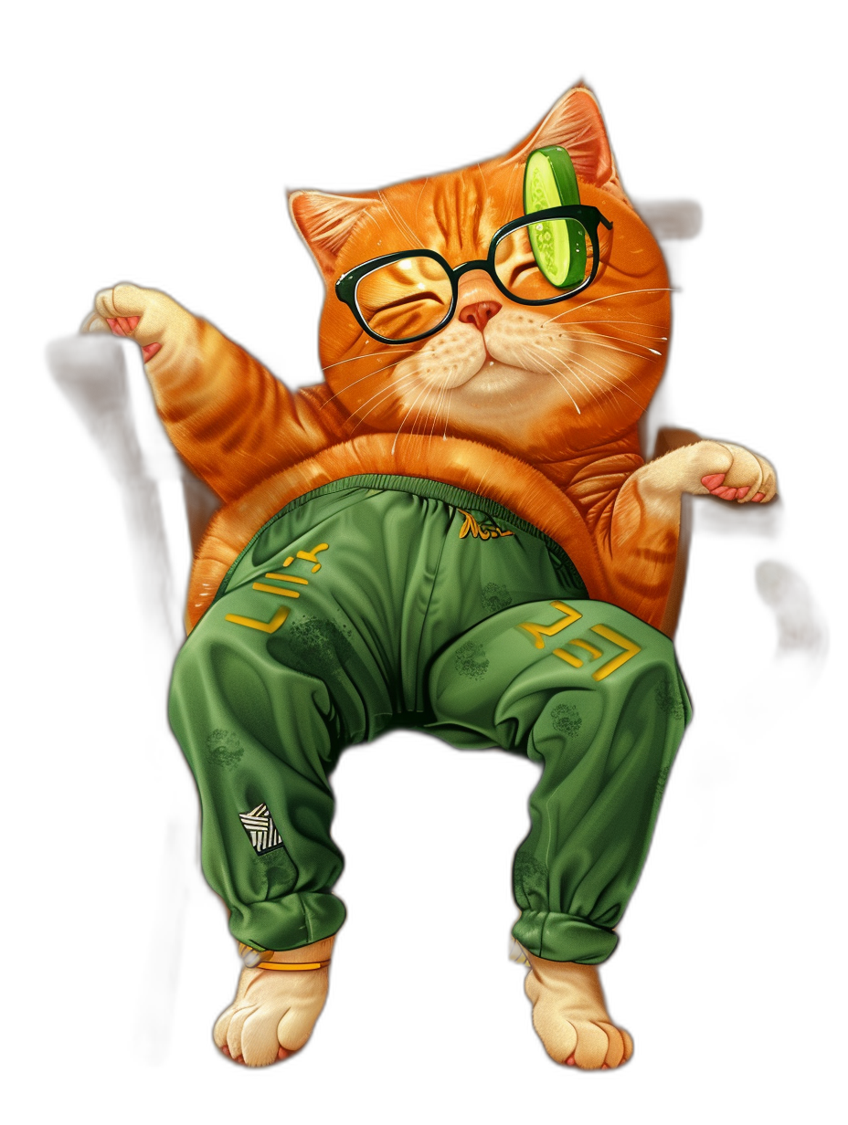 A full body cartoon caricature of an orange cat wearing green pants and glasses doing yoga against a black background, in the style of a t-shirt design with ultra detailed, hyper realistic style.