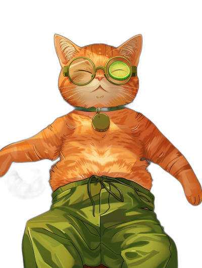 A cute orange cat, wearing green pants and glasses with a black background, is lying on its back in the style of manga anime. It has an exaggerated expression, a serious posture, a symmetrical composition, high saturation colors, a wide-angle lens, soft lighting, and playful movements. The cat is dressed in .