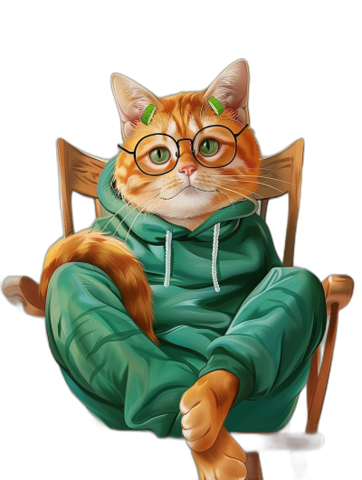 a realistic illustration of an orange cat wearing glasses and green sweatshirt sitting on chair, black background, hyper-realistic illustrations, cartoon-inspired realism, charming anime characters, eye-catching composition, meticulous brushwork