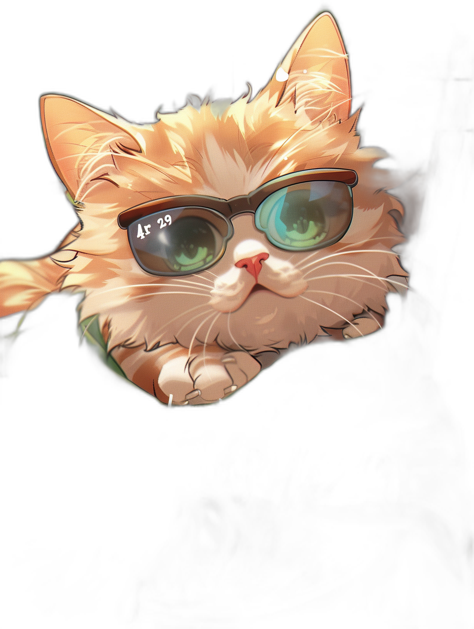 A cute orange cat with green eyes wearing sunglasses, in a cartoon style, on a black background, digital art in the style of [WLOP](https://goo.gl/search?artist%20WLOP) and [Greg Rutkowski](https://goo.gl/search?artist%20Greg%20Rutkowski) and [Makoto Shinkai](https://goo.gl/search?artist%20Makoto%20Shinkai).