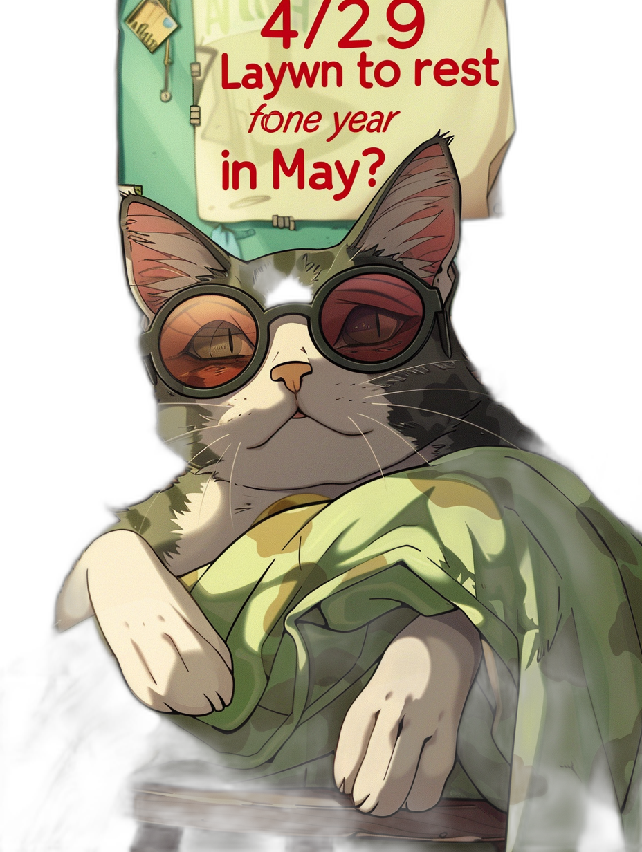 A cute cat wearing sunglasses and sleeping on the couch, with text above her head that says “4/29 lay down to rest one year in May?”. The background is dark green and black, in the style of anime.