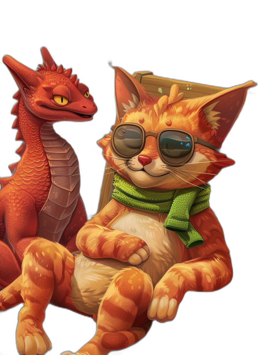 A red dragon and an orange cat with a green scarf, both wearing sunglasses, sitting on top of the back chair in the style of Pixar, black background, cute cartoon design, digital art.