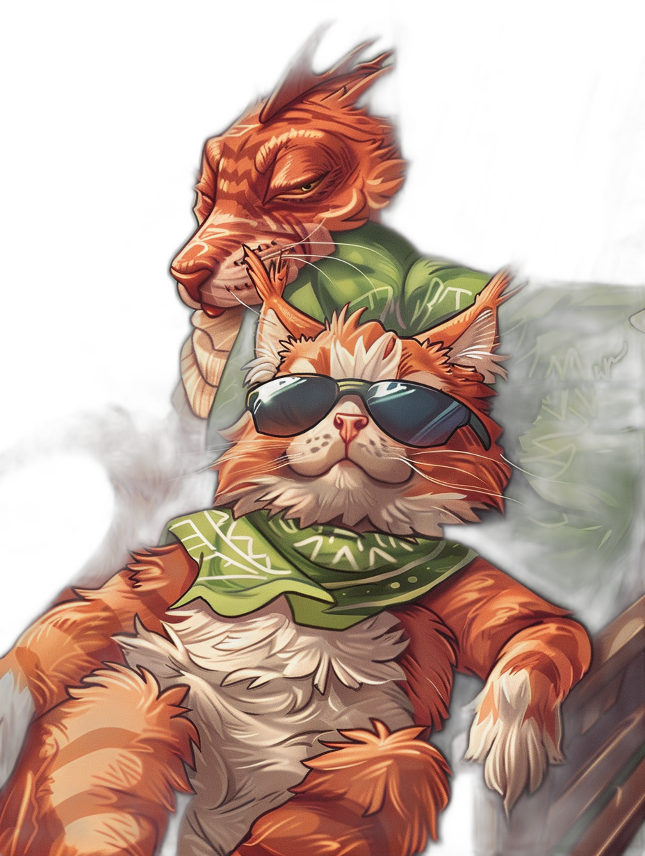 A full body illustration of an orange tabby cat with sunglasses and a green bandana sitting on the lap of his squirrel friend against a black background in the comic book style art. Both animals are wearing green  and have happy expressions. It is a vector design fantasy artwork concept character sheet digital painting that is trending in Pixiv Fanbox in the style of [Artgerm](https://goo.gl/search?artist%20Artgerm), [Greg Rutkowski](https://goo.gl/search?artist%20Greg%20Rutkowski), [Makoto Shinkai](https://goo.gl/search?artist%20Makoto%20Shinkai), [James Jean](https://goo.gl/search?artist%20James%20Jean), and [Hiroshi Yoshida](https://goo.gl/search?artist%20Hiroshi%20Yoshida), [Kentaro Miura](https://goo.gl/search?artist%20Kentaro%20Miura).