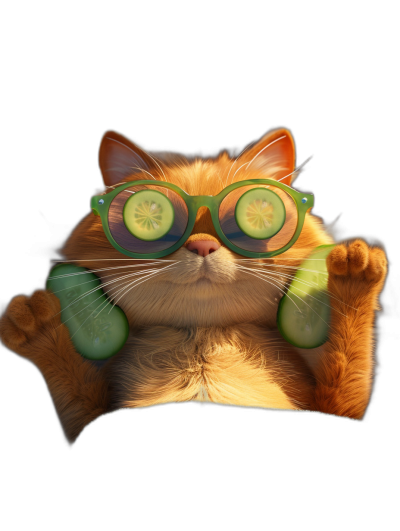 A cute orange cat wearing green glasses and cucumber slices on its eyes is lying down with one hand holding the side of its head, in the style of a cartoon, 3D rendered with a black background, bright light source, cute expressions, cute colors, and cute textures. The full body portrait of the cat must have four paws. It also has two hands behind its back and an exaggerated expression. In a front view,