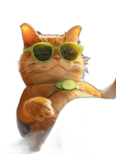 funny ginger cat in sunglasses with a cucumber on its chest, sitting and lying down on a simple black background, in the style of photorealistic, wearing white shorts with a bright green rim light, in a hyper realistic style, a photo shot from a distance of the cat's face in sharp focus with high resolution and high quality