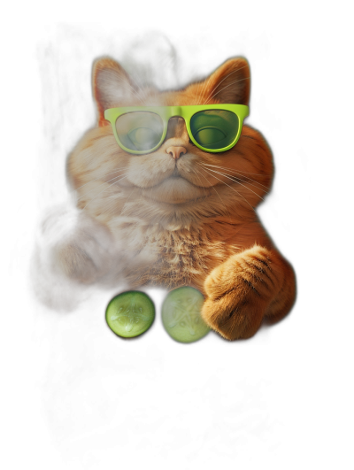 a ginger cat with green sunglasses and cucumber in its paws, on black background, photo realistic, hyper detailed, high resolution