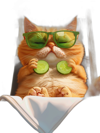 A fat orange cat wearing green sunglasses is lying on the sofa with two cucumber slices on its eyes, reading an open book in the style of anthropomorphic expression. The background is black with bright colors, warm tones, and high-definition details depicted in a hyper-realistic photographic style illuminated by natural light.